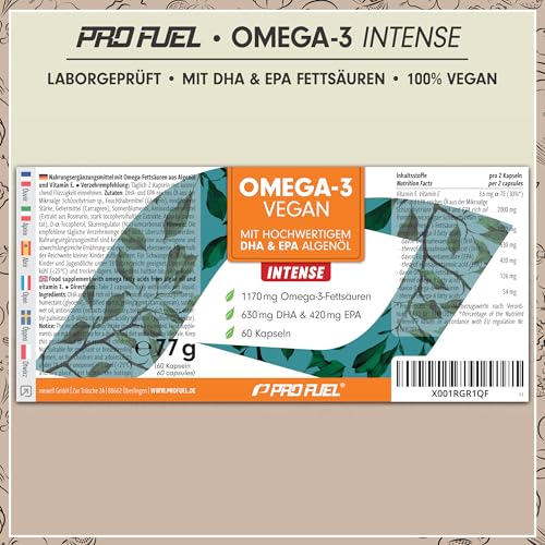 Omega-3 vegan INTENSE - 60 Kapseln - 2000 mg Algenöl pro Tag - hochdosiert mit 630mg DHA + 420 mg EPA - vegane Omega-3 Algenöl Kapseln - DHA:EPA Verhältnis 3:2 - laborgeprüft mit Analyse-Zertifikat