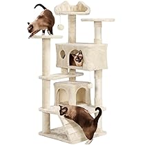 Yaheetech Albero Tiragraffi per Gatti 139 cm con 3 Pali Graffiatoi 3 Posatoi 2 Grotta 2 Pompon in Peluche a Più Livelli Giocattolo Gioco Beige
