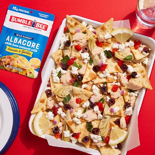 Image of Bumble Bee Lemon & Garlic Seasoned White Albacore Tuna in Water, 2.5 oz Pouch (Pack of 12) - Wild Caught Tuna - 15g Protein per Serving, High in Omega-3s - Non-GMO, Gluten Free - No Draining Required