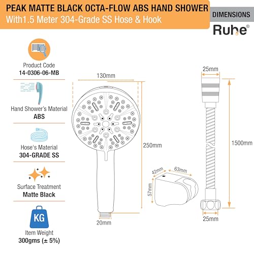 Image of Ruhe Peak Multi-Functional Octa-Flow Modes ABS Hand Shower with 1.5 Meter 304-Grade Stainless Steel Hose & Hook, Matte Black Finish