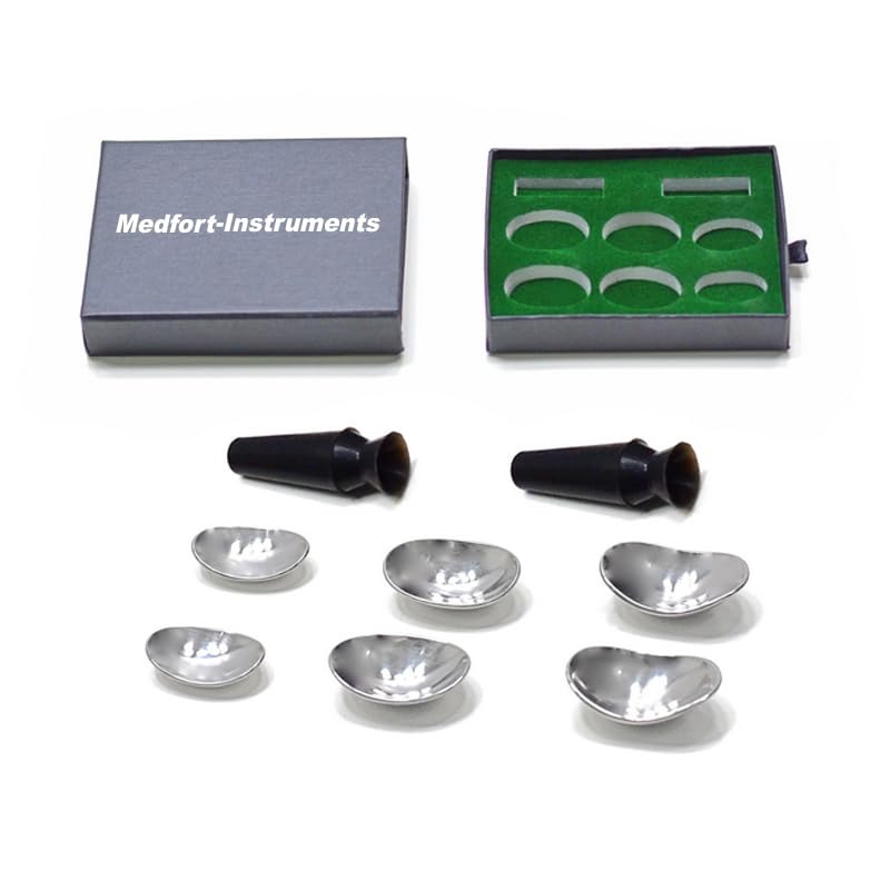 Corneal Eye Shield Protector Set, Stainless Steel with Suction Pump, 26mm X 17mm (Small), 29mm X 21mm (Large), 32mm X 21mm (X-Large), Set of 9 Pcs