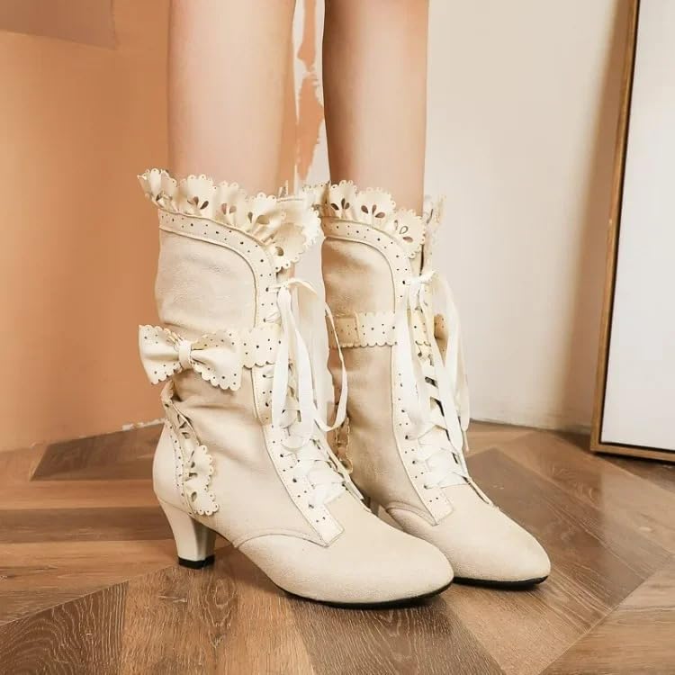 Women Victorian Boots Chunky Heels Lace up Cute Bow Knot Cosplay Costumes Witch Medieval Renaissance Mid-Calf Goth Boots Vintage Gothic Character Dance Kawaii Lolita Shoes - Image 3