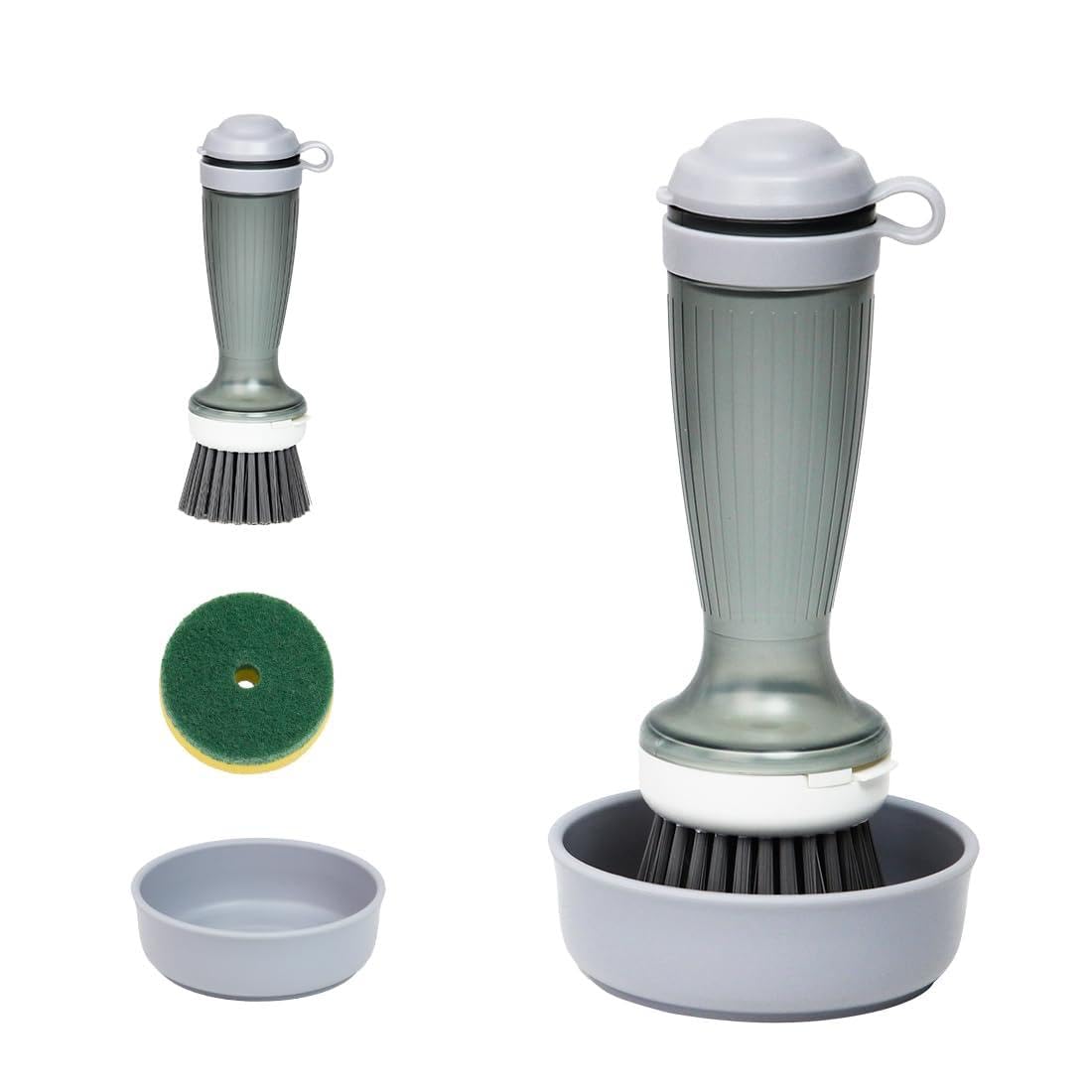Cqt Grey Dish Brush, Dish Scrub Brush With Soap Dispenser For Dishes Kitchen Sink Pot Pan Scrubbing, 1 Brush 2 Refills