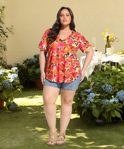 Image of TIYOMI Plus Size Tops for Women V Neck Tshirts Basic Tunic Casual Hawaii Floral Tie Dye Camo Summer Short Sleeve Tee XL-5XL