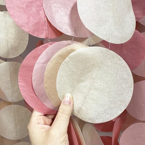 Image of 205 Ft Dusty Rose Pink Party Decorations Dusty Pink Khaki Beige Circle Dot Backdrop Garland Tissue Paper Polka Dots Hanging Streamer for Birthday Wedding Bridal Shower Engagement Party Supplies
