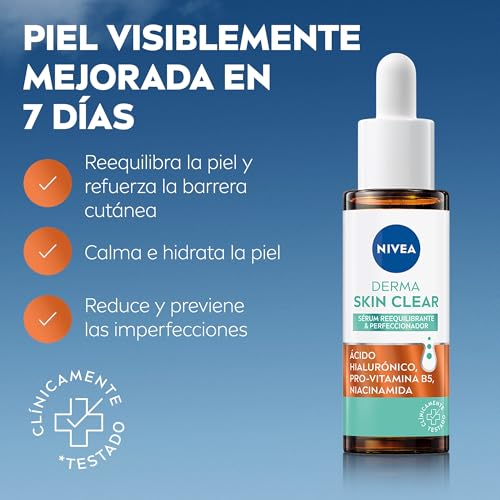Miniatura 2 de NIVEA Derma Skin Clear - Sérum Reequilibrante y Perfeccionador - Con Ácido Hialurónico, Pro-Vitamina B5 y Niacinamida - Calma e Hidrata - Reduce Imperfecciones - Piel Propensa a Imperfecciones - 30 ml