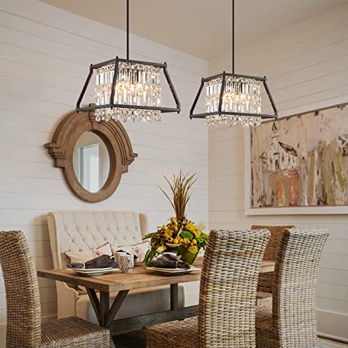 Image of LMQNINE Farmhouse Chandelier - Black Metal Crystal Pendant Light for Kitchen, Dining, Living Room - Flat & Inclined Ceiling (Trapezoid -15.74in)