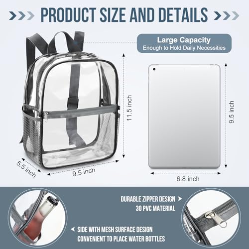 Image of Sweetude 6 Pcs Clear Backpack bulk 11.4 x 9.5 x 5.1 Inch Bag Stadium Approved Plastic Transparent Backpack with 2 Water Holders (Gray)
