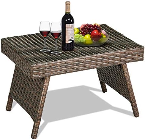 Tangkula Outdoor Wicker Table Patio Poolside Lawn Garden Rattan Steel Frame Folding Standing Coffee Table Side Table