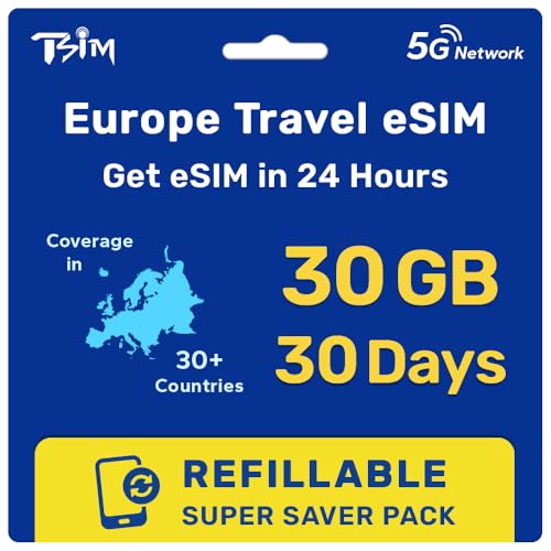 eSIM for Europe Travel 30 Day 30GB Refillable Super Saver Pack for 36 Countries | Get eSIM in 24 Hours | High Coverage Multi-Operator 5G Network | Auto-Activating | Hotspot Allowed | Data Only
