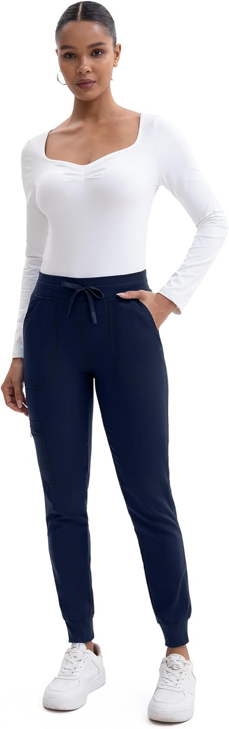 Scrub Pants for Women- Slim Fit Jogger Pants with 5 Pockets, 4-Way Stretch Soft Fabric Cargo Work Pant Navy - Image 4