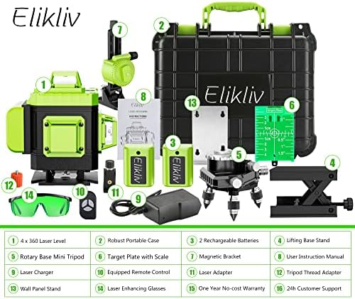 360 Laser Level Self Leveling, Elikliv 4D Green Beam 16 Lines with Horizontal Vertical Four-Plane Leveling and Alignment 2 Rechargeable Battery,1/4 5/8 inch Mount,Portable Toolbox, Multi,green