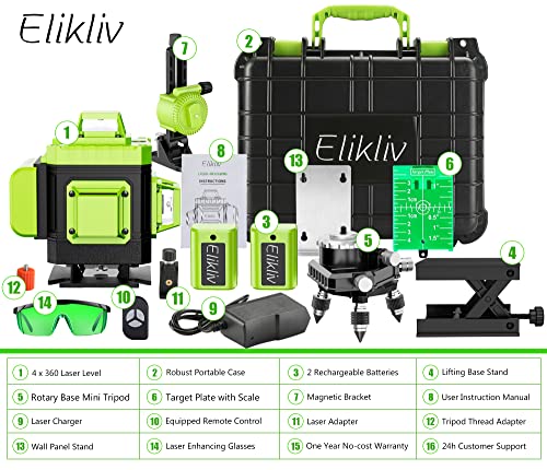 Laser Level Self Leveling - Elikliv 200Ft Outdoor Robust Indoors 4D Green Cross Line Laser Level 4X360 Horizontal Vertical Dual-Beam Lasers For Diy Or Professional Job Site Integrated Bracket Included #TOP4