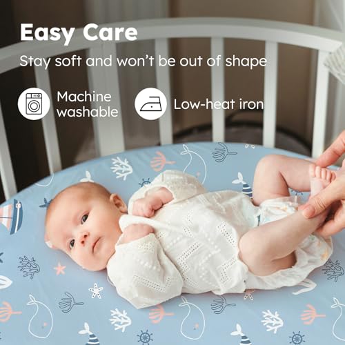 Image of Baby Bassinet Sheets, 3 Pack Fitted Bassinet Mattress Sheets, Compatible with Halo Bassinest Swivel Sleeper & Oval Hourglass Rectangle Mattress, Ultra Soft Blue Ocean Whale