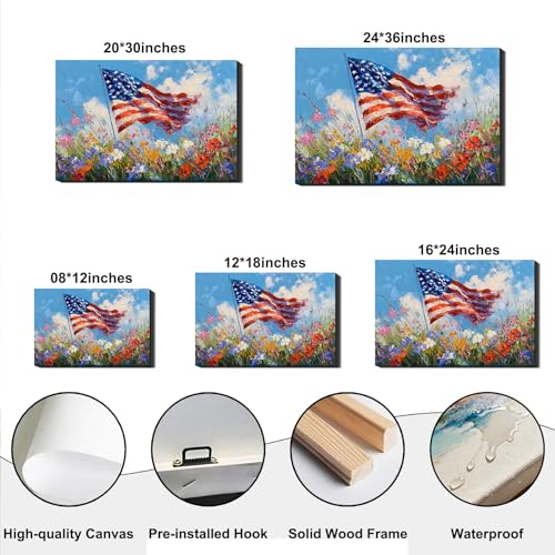 Image of RIBNTAK Made in USA 4th of July Canvas Print Wall Art, Impressionist American Flag & Wildflowers Painting Artwork for Living Room, Patriotic Independence Day Pictures, Americana Home Decor
