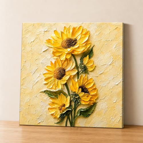 Image of PAINTINGMANTRA Textured Embossed Floral Canvas Wall Art Painting for wall decoration, Vibrant Yellow Sunflower Motifs Stretched Canvas Painting for living room, bedroom, office and Home, 22x22 Inch