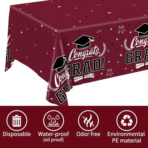 Image of Graduation Decorations 2026 - 3 PCS Maroon Graduation Tablecloths,Plastic Disposable Smoked Red Congrats Grad Table Cover for College PhD Party Decorations Class of 2026 Party Supplies,51.2x86.6inch