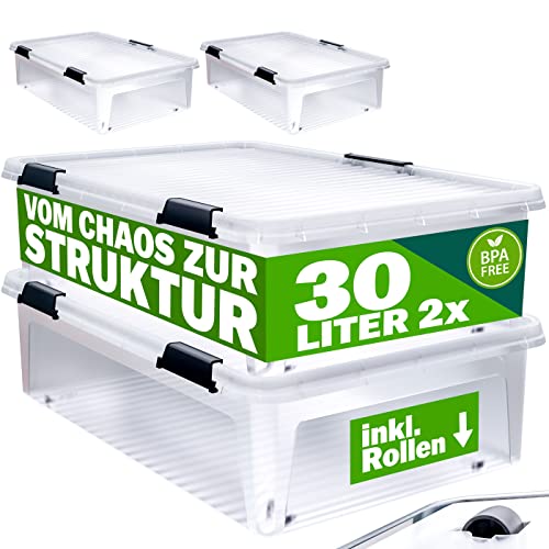 Deuba® Aufbewahrungsboxen 2 x 30l mit Deckel und Rollen, stapelbar, transparent Kunststoff BPA-frei Klickverschluss, RB60 für Büro, Garage, Waschraum