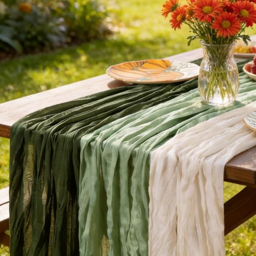 Image of Cheesecloth Table Runner Fall Boho 3pcs Mix and Match Wedding Decor | Olive Sage Ivory Rustic Gauze 10FT Cheese Cloth Sheer Farmhouse Runner for Wedding Party Baby Shower Holiday Decorations