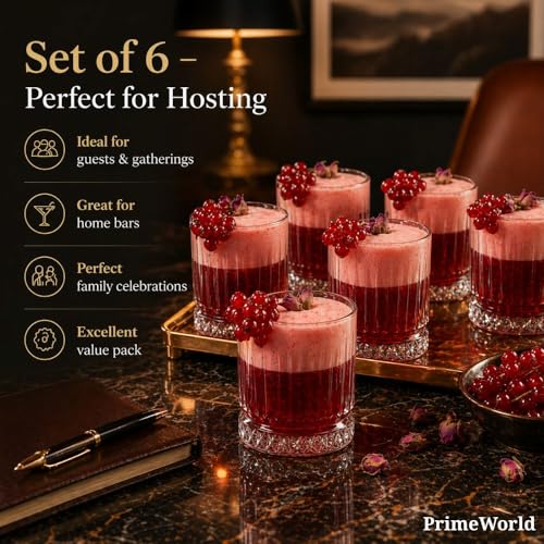 Image of PrimeWorld Timeless European Crystal Whiskey Glasses Set of 6 pcs- 300 ml Bar Glass for Drinking Bourbon, Whisky, Scotch, Cocktails, Cognac- Old Fashioned Cocktail Tumblers