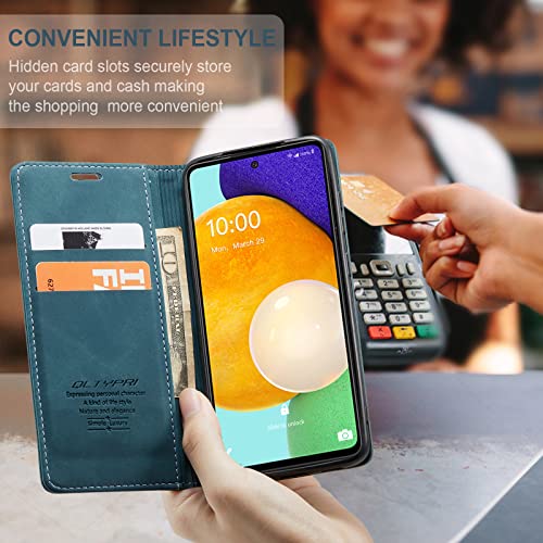 Image of QLTYPRI Case for Samsung Galaxy A32 5G, Vintage PU Leather Wallet Case Card Slot Kickstand Magnetic Closure Shockproof Flip Folio Case Cover for Galaxy A32 5G - Blue