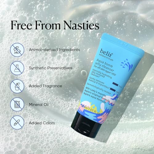 Image of Belif Aqua Bomb Jelly Cleanser 30ML | Hydrating & Gentle Face Wash | Korean Skincare | Makeup Remover for All Skin Types | Vegan & Dermatologically Tested