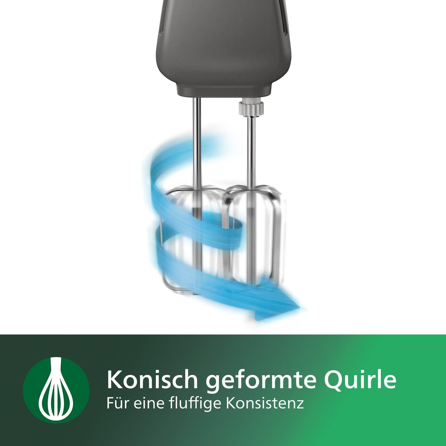 Philips Handmixer – 450W, 5 Geschwindigkeitsstufen + Turbo-Funktion, konisch geformte Quirle, Knethaken, grau (HR3741/00)