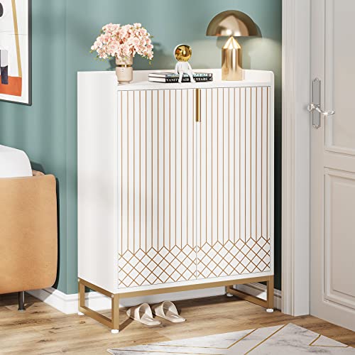 Tribesigns Shoe Cabinet, 25 Pairs Shoe Cabinets with Doors, White 5-Tier Wood Shoes Rack Organizer for Entryway, Freestanding Shoe Storage Cabinet with Gold Metal Frame for Bedroom Hallway Living Room Tribesigns Shoe Cabinet, 25 Pairs Shoe Cabinets with Doors, White 5-Tier Wood Shoes Rack Organizer for Entryway, Freestanding Shoe Storage Cabinet with Gold Metal Frame for Bedroom Hallway Living Room