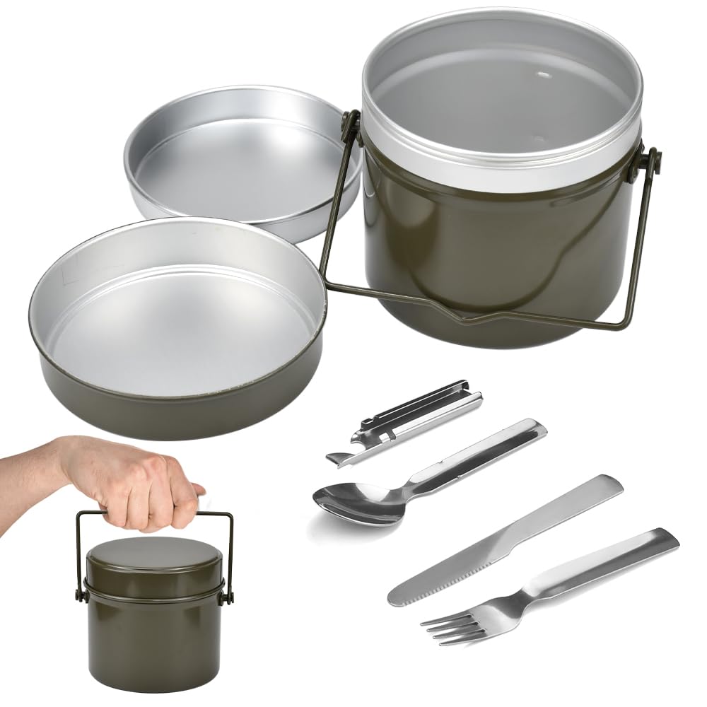 Kleemeiero Batterie De Cuisine Camping Aluminium – Set Militaire Portable Avec Couverts, Boîte Bento, Idéal Randonnée Pique-Nique