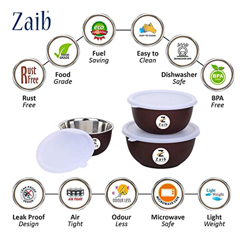 Image of Microwave Safe Stainless Steel Mixing Bowl Set with Lids - Set of 3 (500ml, 750ml, 1250ml) - Euro Style Food Storage Containers - Multipurpose Kitchen Bowls (3 Dark Brown Plain)