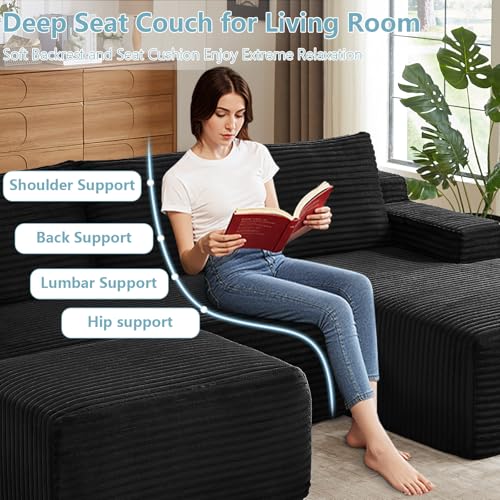 Image of 96 inch W Cloud Sectional Couch with Ottoman,Modern U-Shaped Cloud Couch with Side Pockets,Comfy Corduroy Sofa,Memory Foam Sofa for Living Room,No Assembly (Black,Right-Facing Chaise)