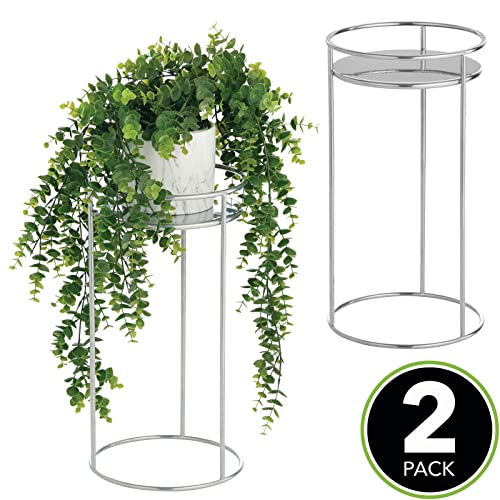 Mdesign Metal 15-Inch Tall Circular Plant Stand, Planter Holder Contemporary Design Round Tray For Table, Garden; Holds Indoor/Outdoor Plants, Flower Pot - Concerto Collection - 2 Pack - Chrome #TOP1