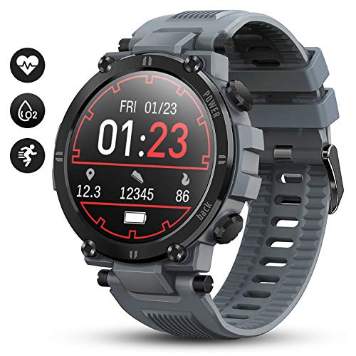 GOKOO Reloj Inteligente Hombres Smartwatch Reloj Deportivo Inteligente Información Notificación Pantalla Táctil Completa Smartwatch Impermeable IP68 Compatible con Android iOS (Gris)