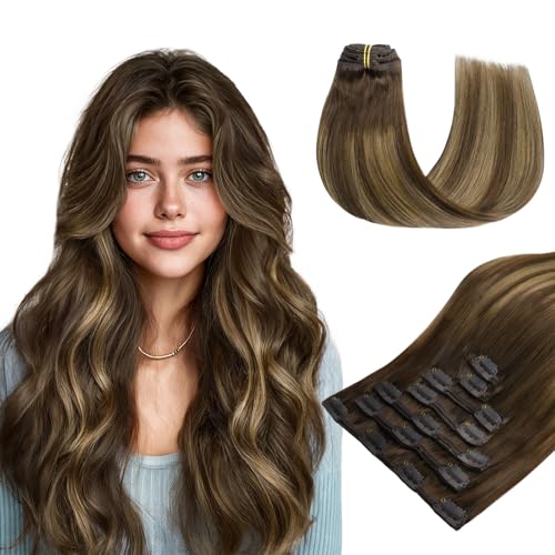 hotbanana Clip Extensiones de Cabello Natural, Mujeres Extensiones de Cabello Humano Eeal Pelo Rizado Balayage Rubio Caramelo Mixto Marrón Chocolate 35cm 120g 7pcs