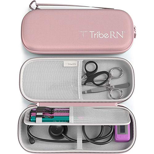 Tribe RN Large Stethoscope Case for Nurses - Compatible with 3M Littmann/Omron/MDF Stethoscopes Includes Pocket for Nurse Accessories - Medical Bandage Scissors, EMT Trauma Shears, and Penlight (Pink)