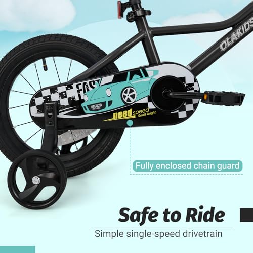 Image of Olakids Kids Bike, 12 14 16 18 Inch Racing Car Themed Toddlers Bike with Training Wheels Adjustable Seat and Handlebar Coaster Brake and Handbrake, Children's Bicycle for Boys Girls