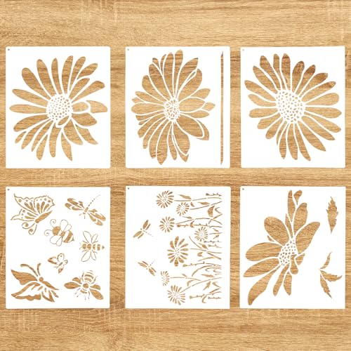 BOXOB 6pcs Grands Pochoirs Fleur pour Peinture, Gabarits Floraux Géants 30x35cm Pochoirs Marguerite Fleur Sauvage Insecte Papillon pour Clôture en Bois Murs...
