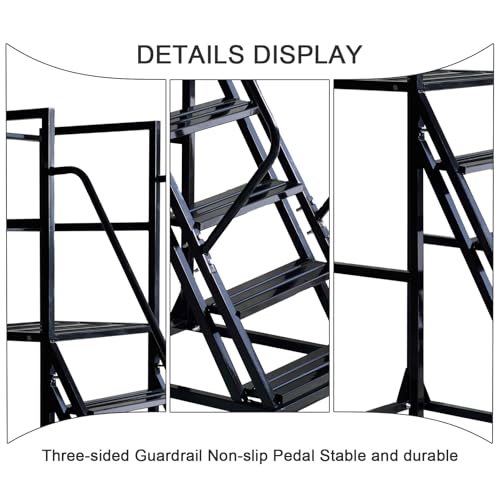 Image of 4 Step Rolling Ladder - Mobile Rolling Stairs with Wheels, Heavy Duty Industrial Safety Non-Slip Metal Rolling Ladders, 1100lbs Capacity, for Warehouse, Garage, Supermarket