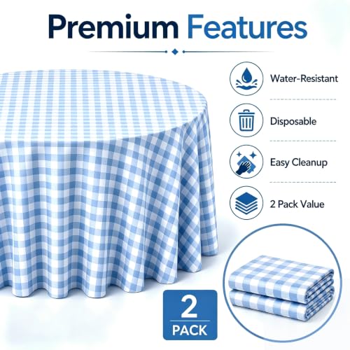 Image of WNINK 2 Pack Blue Gingham Round Tablecloth, 84 Inch Disposable Plastic Table Covers, Blue Checkered Round Table Cover for Birthday Parties, Holiday, Picnic, BBQ, Family Gathering Party Supplies