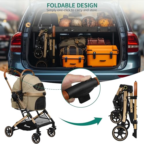 YITAHOME Hundewagen 3 in1 Hundebuggy Transporttasche, Faltbar klappbar Katzenwagen, Bis 15,9kg, 360°Verschleißfeste Gummiräder, Ablagekorb, Netzfenstern Getränkehalter, für Hunde & Katzn (Beige)