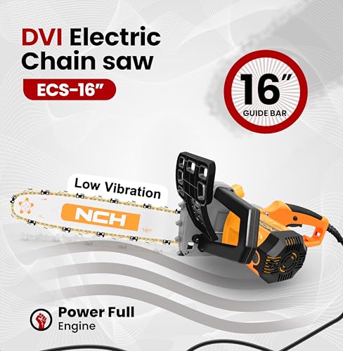 Image of DVI Electric Chainsaw With 16-Inch Guide Bar With 2300 W High Power Motor With Low-Kickback System | Perfect For Cutting Wood, Pruning and Harvesting Firewood | With Free 32 Feet Wire