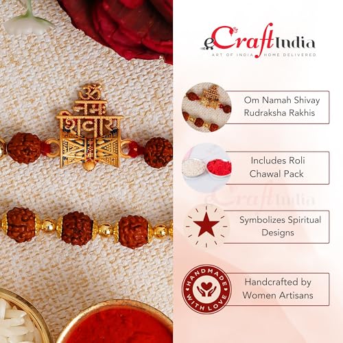 Image of eCraftIndia Set of 2 Golden & Brown Om Namah Shivay with Damru and Rudraksha Religious Rakhis, Best Bro Ever Fridge Magnet with Roli Chawal Pack - Rakhi for Brother, Bhaiya, Bhai