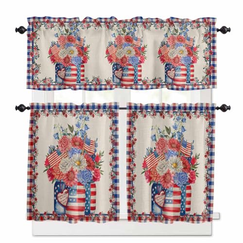 4th of July Kitchen Curtains 24 Inch Length,3 Piece Rod Pocket Small Half Tiers and Valance Set,Red Spring Floral Striped Independence Day Small Large Window Treatment Decor for Bedroom/Bathroom Sink