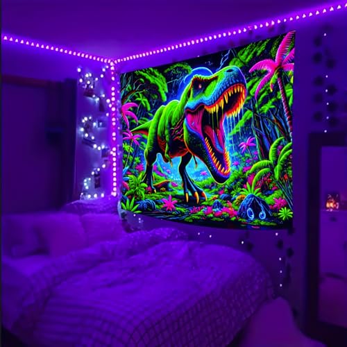 Image of BlissYard UV Reactive Dinosaur Blacklight Tapestry Neon T-Rex Dinosaur Wall Tapestry Jungle Forest Fantasy Landscape Wall Hanging for Men Boys Bedroom Home Decor Party Backdrop 59 X 78 inch