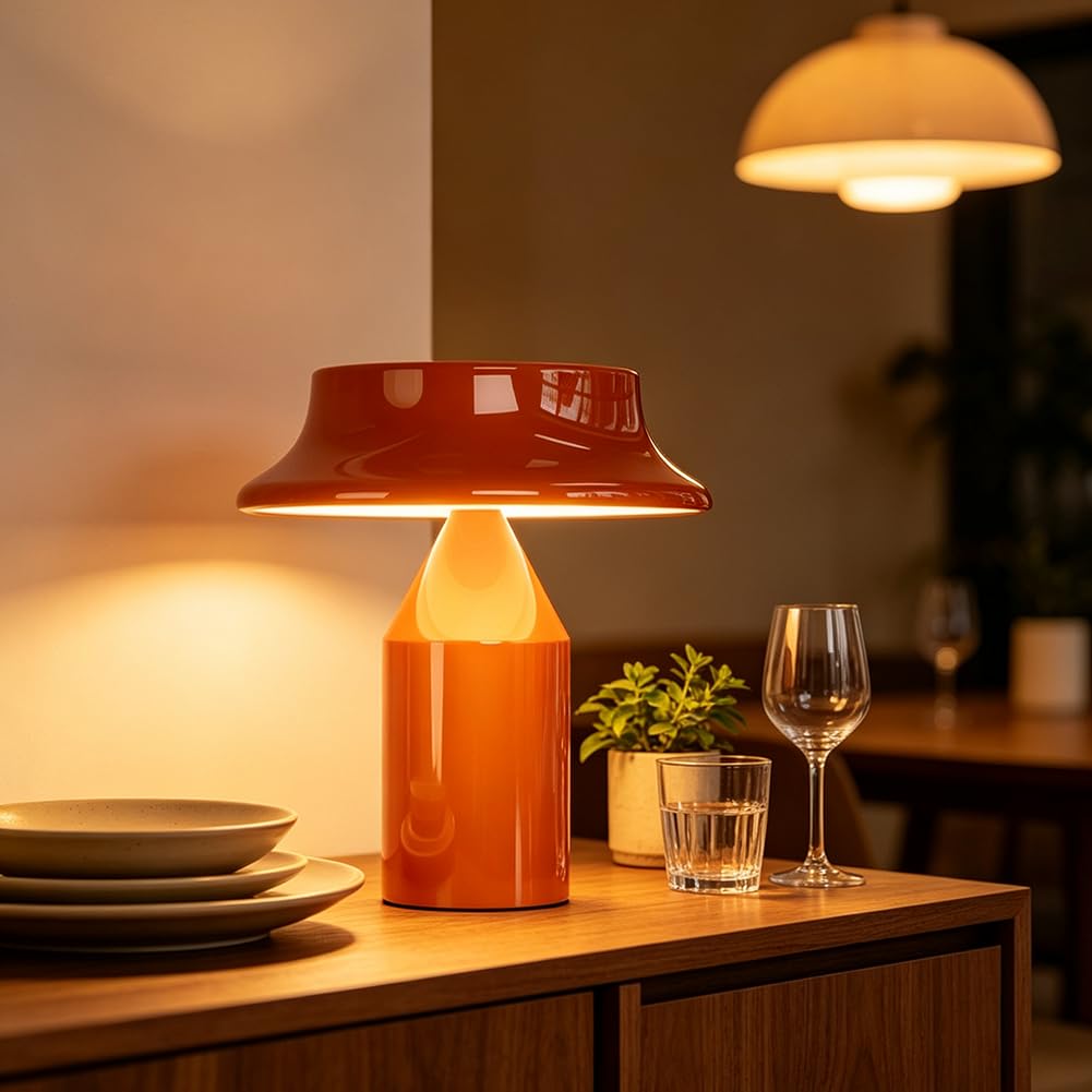 Lampada a LED a Forma di Fungo Arancione Ricaricabile Dimmerabile da Tavolo Senza fili con Comando Touch Ricaricabile Tramite USB Lampada a Batteria da 2000mAh in Metallo 3 Temperature di Colore