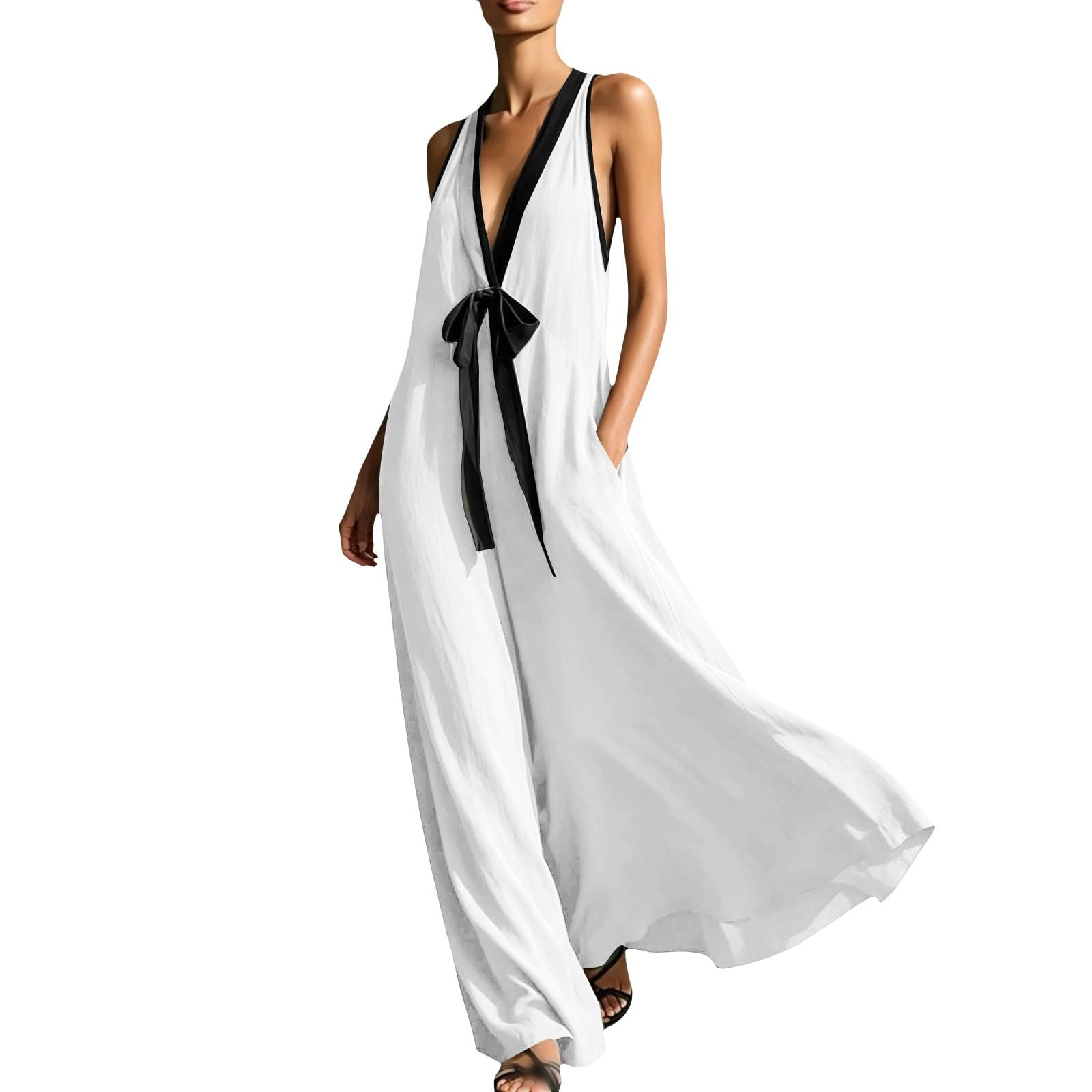 Générique Robe Boheme Chic Bretelles Spaghetti Coton Boheme Robe à Bretelles Elegant Chic Robes Lin sans Manches DéContracté Quotidien Boho Plage Vacances Vacances