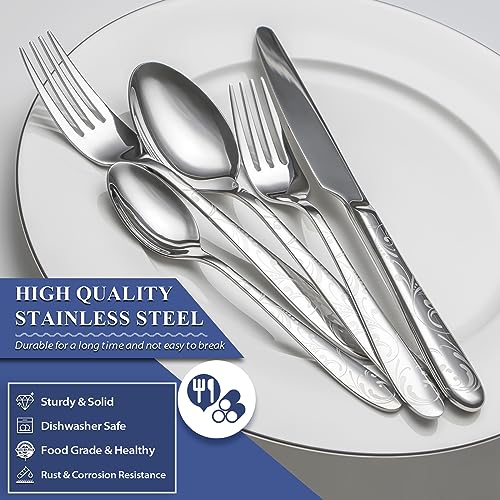 Image of 40 Piece Silverware Set Service for 8, EIUBUIE Premium Stainless Steel Cutlery Set, Mirror Polished Flatware Sets with Pattern Handle, Modern Kitchen Eating Utensils Sets Include Spoons Forks Knives