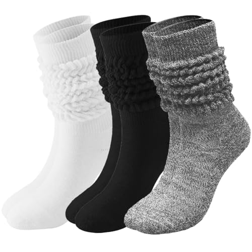 Image of 3 Pairs Women's Slouch Socks 80s 90s Neon Warm Scrunch Socks Chunky Socks Knit Scrunchie Socks Size 9 to 10