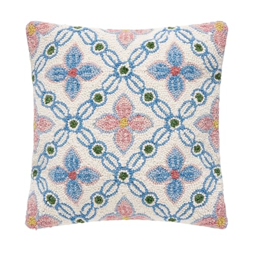 Image of Peking Handicraft Pastel Floral Tile Hooked Throw Pillow, 1 Piece, 16 Inches, Blue, Pink, Green and White