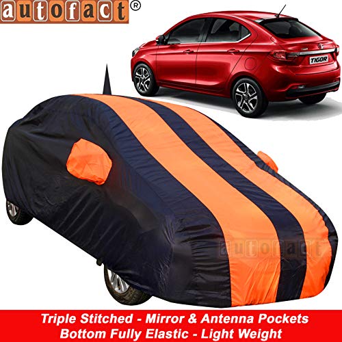 Image of Autofact Car Body Cover for Tata Tigor with Mirror and Antenna Pocket (Light Weight, Triple Stitched, Heavy Buckle, Bottom Fully Elastic, Orange Stripes with Navy Blue Color)